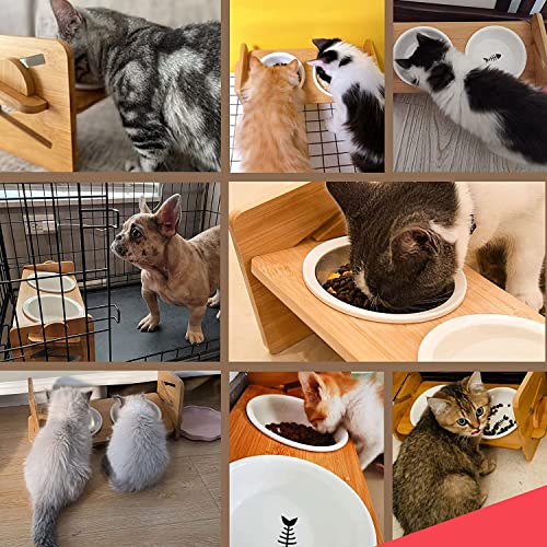 Kito Lee猫 犬用 食器 ペット食器台 猫 犬用 フードボウル 水ボウル 陶器皿250ML*2個 傾斜15度 頸椎を保護 天然竹 高さ調節可能 4段階 滑り止めパッド付き
