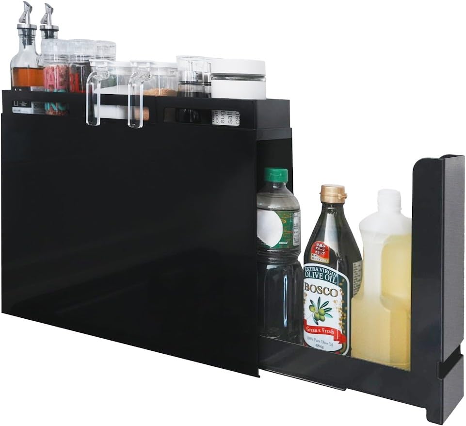 隠せる調味料ラック おしゃれ 調味料ラック 引き出しラック 上部ラック移動可能 調味料 スパイス ボトル 省スペース コンロ横 シンク上 大容量 キッチン収納 (黒ラック)