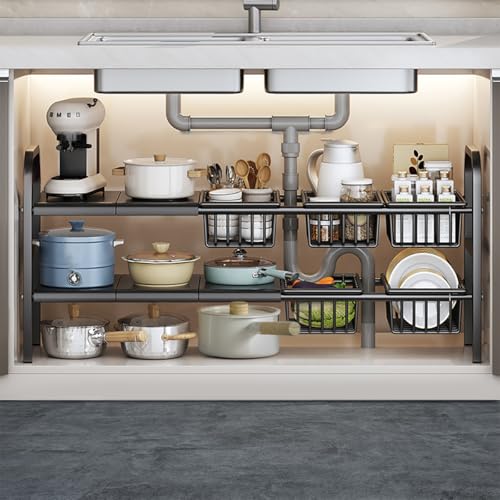 シンク下収納ラック, 洗面台下収納 洗面台下収納 伸縮式, 2段収納 キッチン収納ラック 組み立て簡単 省スペース 収納バスケット5個付き, W 53-88 x D 24.7 x H 48.5 cm. （ブラック）