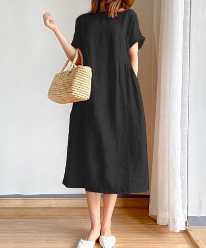 [Luxe Relax] ゆったり リネンライク ワンピース 無地 シンプル 体系カバー ミモレ丈 ワンピ レディース