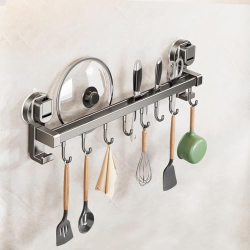 キッチンツールフック 【革新の強力吸盤 ダブルバー 可動式フック】 cラック 吸盤式 強力吸着 アルミニウムとABS製 耐荷重最大30kg 台所ラック 台所収納 強い収納力 軽量 穴あけ不要 キッチンツール 壁掛け 防水 防錆 防油 バスルーム/リビング/ベランダなどに適用 (黒 40CM)